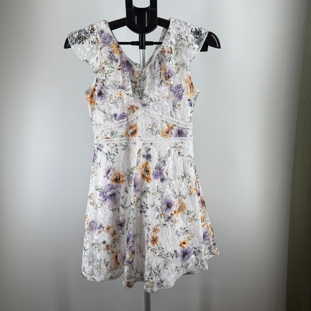 Beautees Girls White Floral Lace Ruffle Flutter Sleeve Fit Flare Dress Size 16